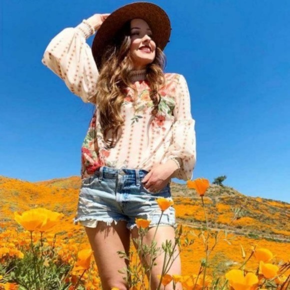 Boho Floral Print Polka Dot Mock neck Blouse - Picture 2 of 7